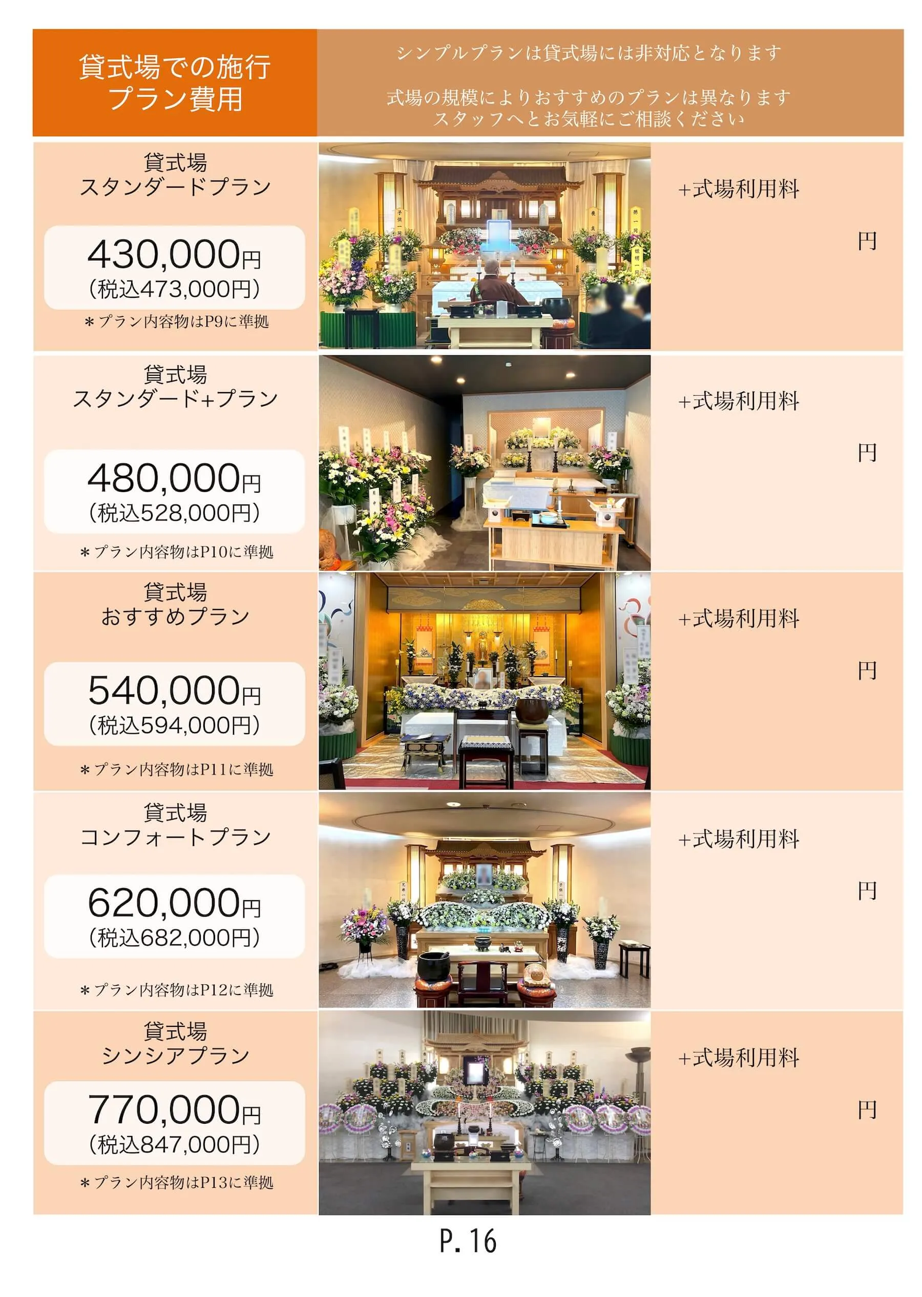 貸式場での施行(プラン費用)